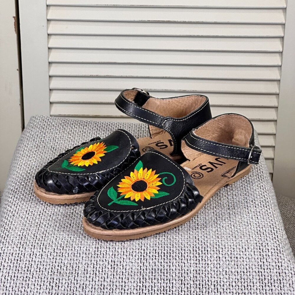 JVS Artisanal Women's Sunflower Black Leather Mexican Made Huarache Size 6.5 US - Picture 3 of 8